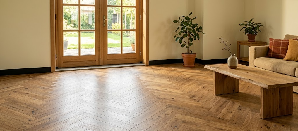 Landelijke woonkamer met een warme houtlook-visgraatvloer, openslaande tuindeuren en planten