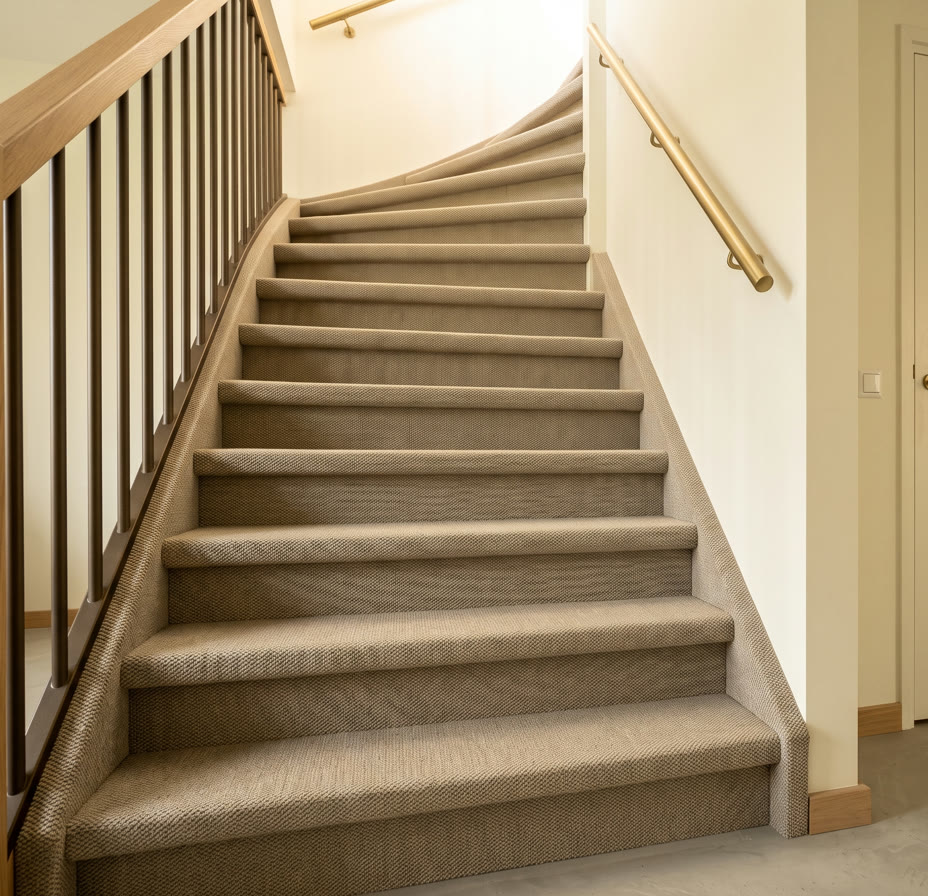 Met tapijt beklede trap met messing leuning, strak per trede afgewerkt