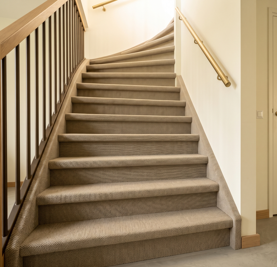 Met tapijt beklede trap met messing leuning, strak per trede afgewerkt